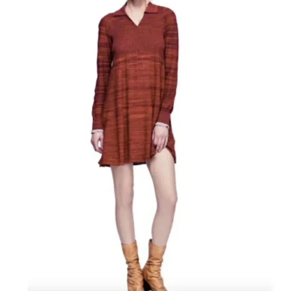 Free People Rain or Shine Dress Collared Knit Sweater Dress Long Sleeves